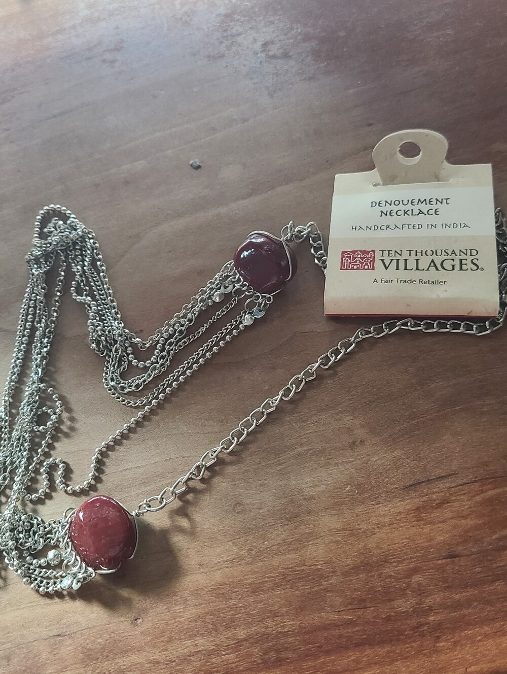 Ten Thousand Villages Silver Long Necklace With Red Stones